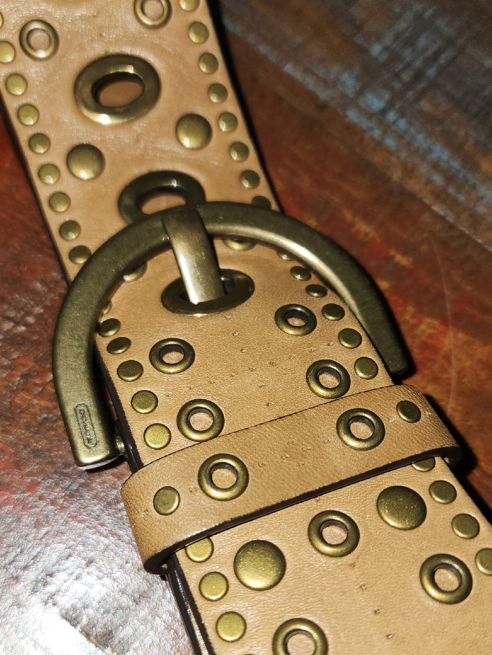 COACH Vintage Studded Tan Leather 2" Belt Antique Solid Brass Buckle Women Small - Picture 11 of 16